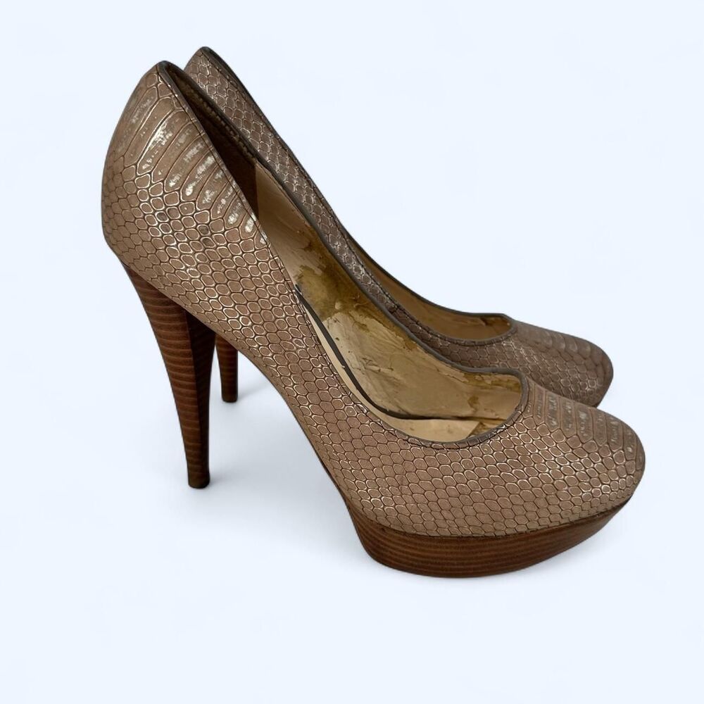 Metallic Leather Snakeskin Wood Platform Pumps Stiletto Heels Shoes